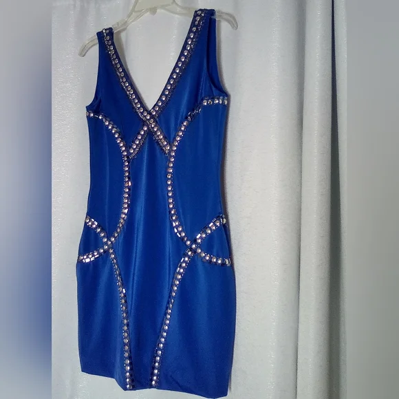 New Small Blue Silver Bebe Tribal Rings Knit Dress Homecoming Prom Holiday Party - Picture 7 of 11